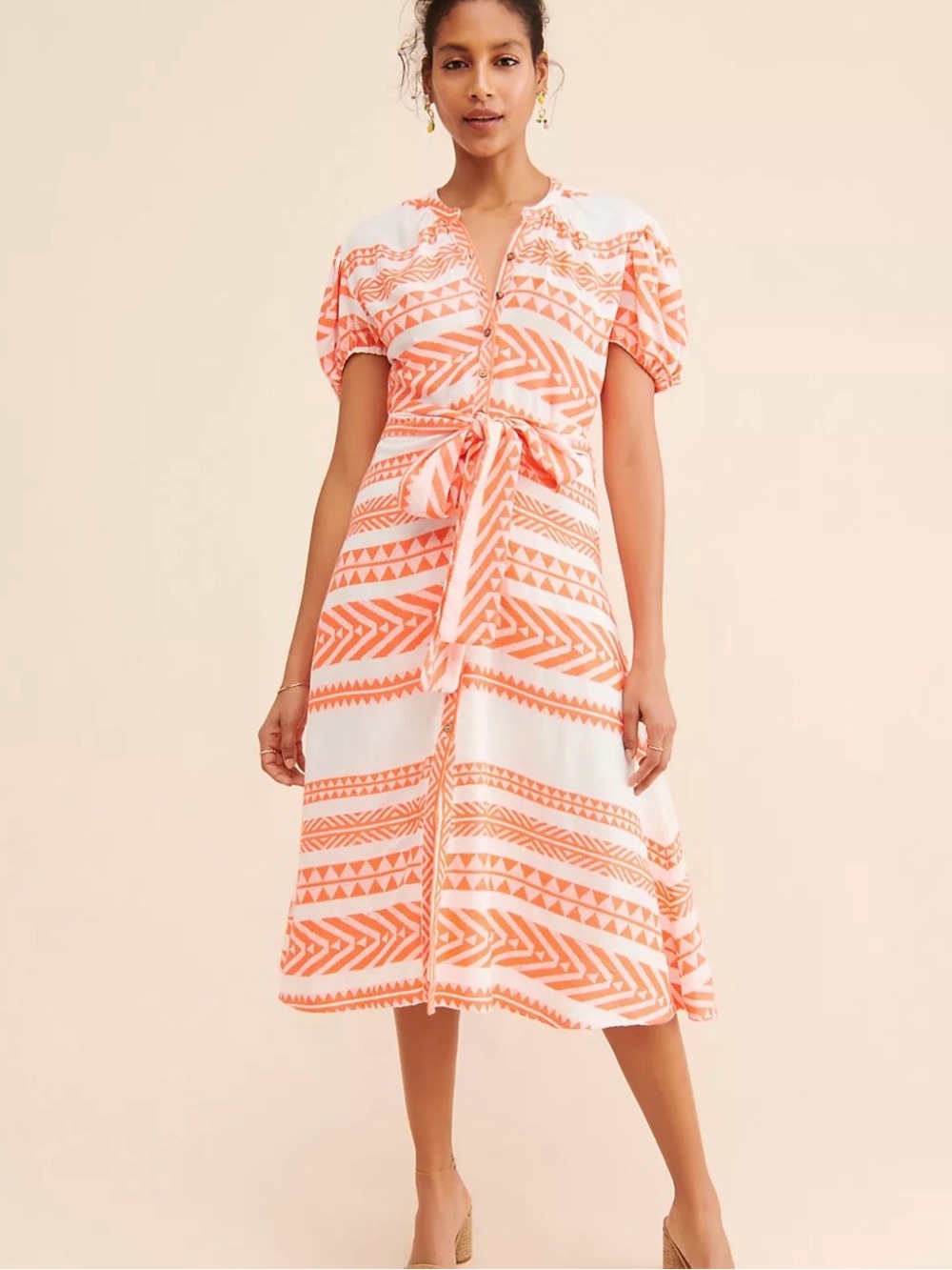 dRA Sera Midi Dress Anthropologie Button Front Coral Salmon Aztec Print Small
